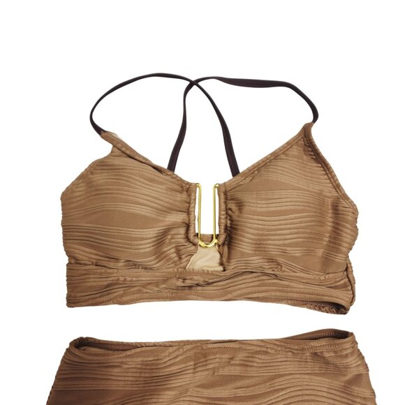 Brown High-Waisted Textured Bikini Set Strappy Back Size S - Picture 4 of 5